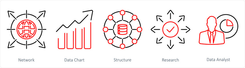 A set of 5 data analytics icons as network, data chart, structure