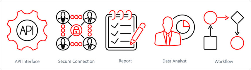 A set of 5 data analytics icons as api interface, secure connection, report
