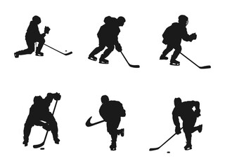 Set of silhouettes hockey player. silhouette of a field or floorball hockey player, black and white drawing. silhouettes of the players in hockey on the grass.vector icon isolated on white background. - obrazy, fototapety, plakaty