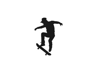 Fototapeta na wymiar man playing skateboard silhouettes.Silhouette of a teenager boy playing skateboard. Silhouette of a male in action pose on skateboard. vector skateboarder doing a leap, isolated against white. 