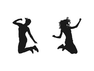 young girl jumping silhouettes set. Black and white vector collection. Silhouette young girl jumping with hands up, motion. Girls and women jumping and raising hands up. isolated on white background.