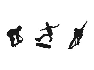 Fototapeta na wymiar man playing skateboard silhouettes. Silhouette of a teenager boy playing skateboard. Jumping on skateboard silhouettes vector collection. Illustration of ten black poses on white background.