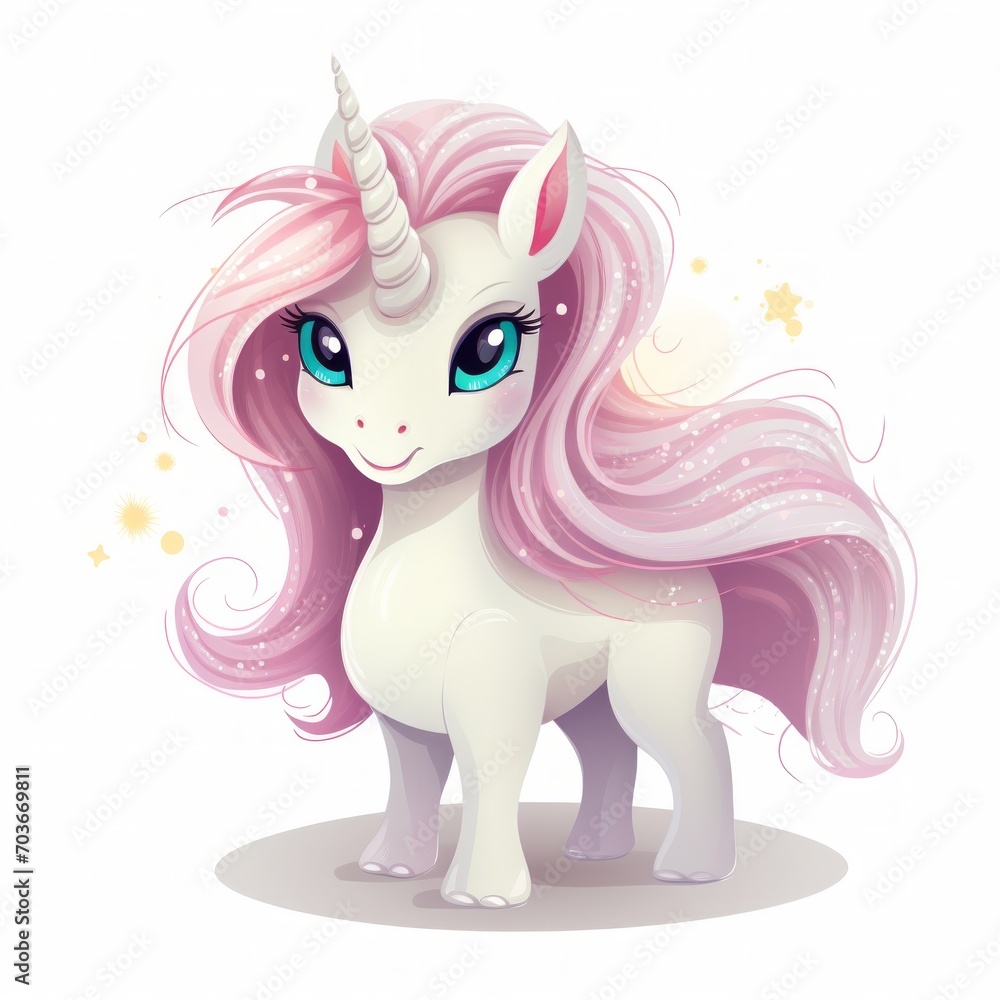 Poster Generative AI A tiny magical unicorn with a flowing mane and a shimmering horn, radiating grace.