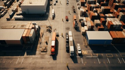 Generative AI A top-down perspective of a warehouse district showcasing logistic operations, truck movements, and loading docks.