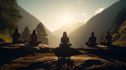 Generative AI A tranquil scene of yogis practicing mountain yoga, finding serenity amidst nature's grandeur.