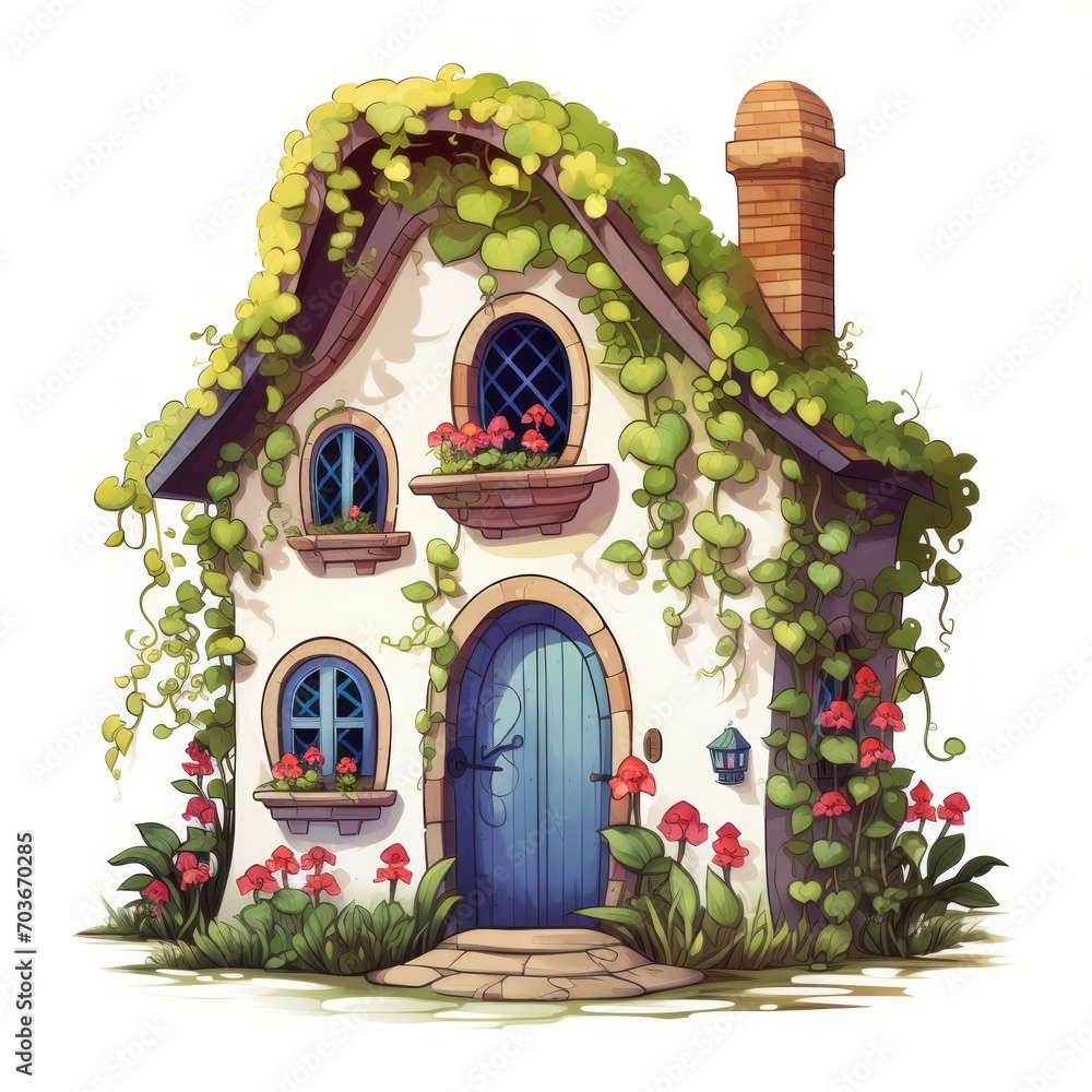 Poster Generative AI A whimsical tiny house adorned with colorful flowers and ivy crawling up the walls.