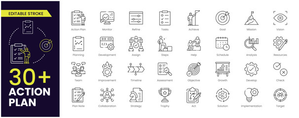 Action plan editable stroke icons set. Strategy, tasks, goal, action, planning, collaboration, Action Plan, Monitor, Improvement, Goal, Mission, Vision, Strategy and analysis. Vector Collections © Iconic Space