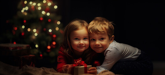 Fototapeta na wymiar Two small children anticipate the joy of opening Christmas presents
