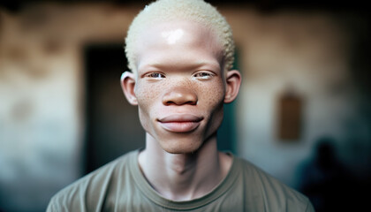 African Albino Man.Some people with albinism in face in Africa face stigmatization and discrimination and harmful practices related to witchcraft accusations and ritual attacks. - obrazy, fototapety, plakaty