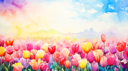 Tulip flower background. Watercolor painting.  - obrazy, fototapety, plakaty