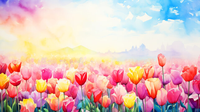 Tulip flower background. Watercolor painting. 