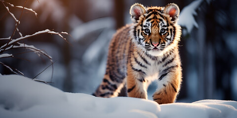 Adorable Tiger Cub Playing in Winter Snow Generative Ai Snowy Playtime Delight Cute Tiger Cub in Generative AI Scene  