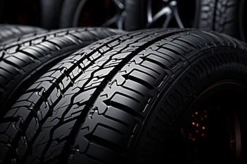 New black tires pile on a dark black background close-up. Tire fitting background with stack of car tires. Copy space. Generative AI