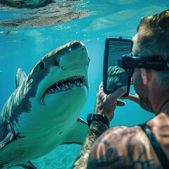 
Photograph of a man diver taking a selfie with a shark, underwater. Humorous concept