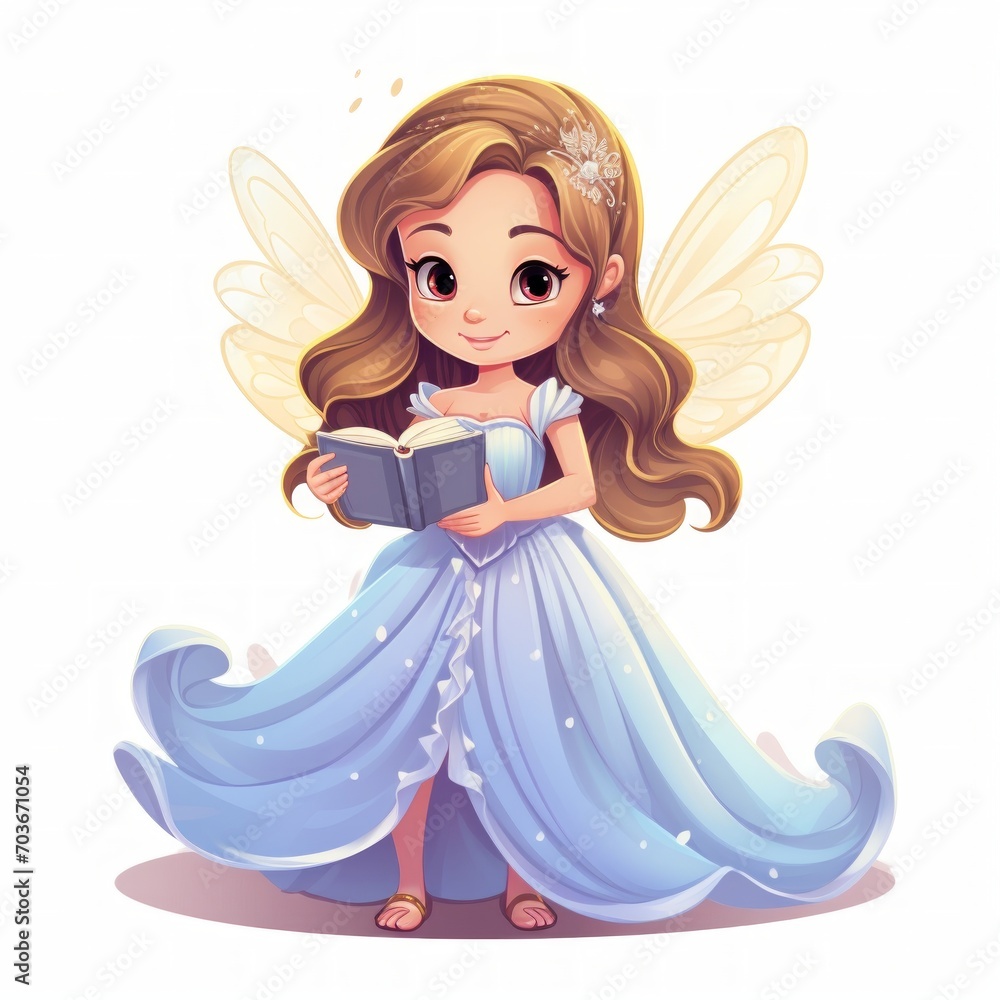 Poster generative ai an adorable little fairy tale princess in a flowing gown, holding a tiny enchanted boo