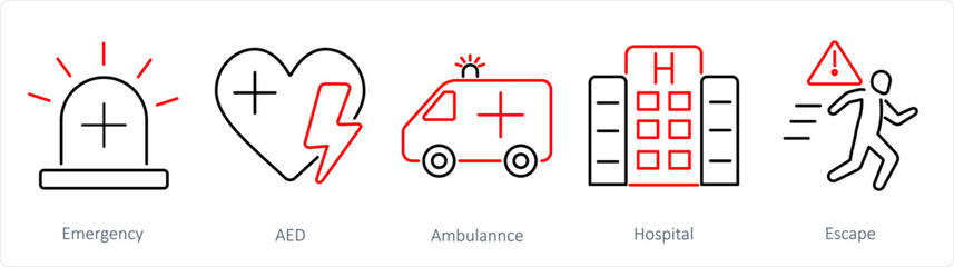 A set of 5 Emergency icons as emergency, aed, ambulance © popcornarts