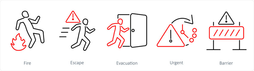 A set of 5 Emergency icons as fire, escape, evacuation