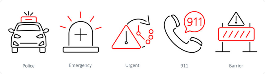 A set of 5 Emergency icons as police, emergency, urgent
