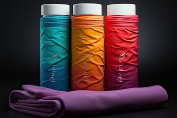 Water bottles, colored towel on table in bright colors, fitness concept, Generative AI
