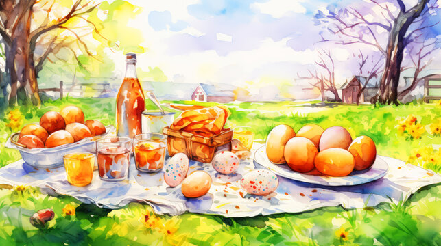 Easter eggs and wine on the grass. Watercolor painting.