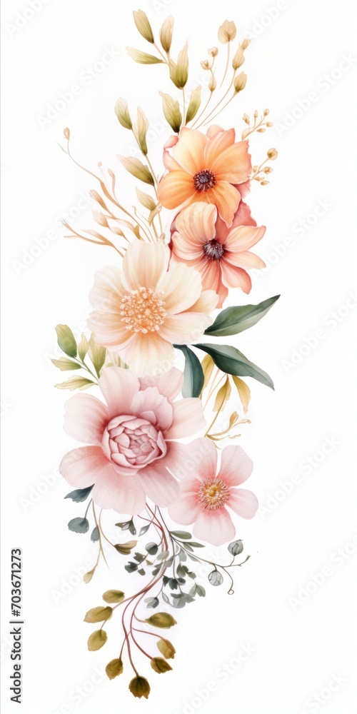 Poster Generative AI An elegant display of seasonal blooms artistically composed on a white background, providing a blank canvas for customizable texts or branding elements