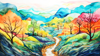 Obraz na płótnie Canvas Watercolor landscape with mountain river and forest. Hand drawn illustration.