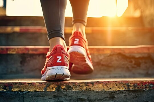 Urban fitness. Young female runner jogging up in city at sunset active and healthy lifestyle. Fit woman upstairs in park enjoying morning sunlight and active side of outdoor exercise