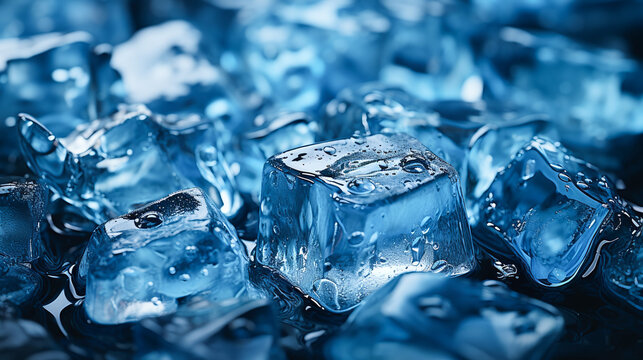 Crystal-clear ice cubes with water droplets on deep blue surface, ideal for refreshing drink and cocktail backgrounds. AI Generative