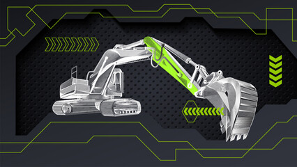 Excavator technical line art drawing. Heavy Equipment art wallpaper. © ismed