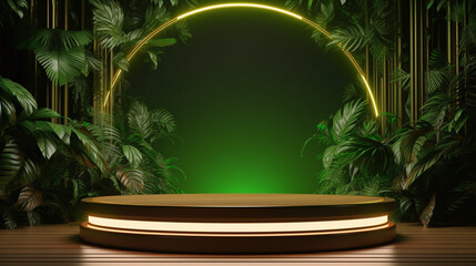 Elegant product display podium surrounded by lush tropical foliage with a glowing neon arch backdrop AI Generative - obrazy, fototapety, plakaty