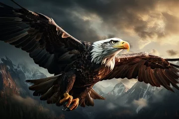 Fotobehang North American Bald Eagle with American flag. Patriotic concept. Generative AI © Анатолий Савицкий