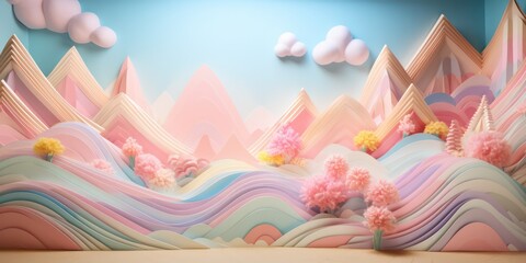 Background featuring pastel colors in a zigzag pattern, reminiscent of craft paper, adding a touch of whimsy and charm to the scene.