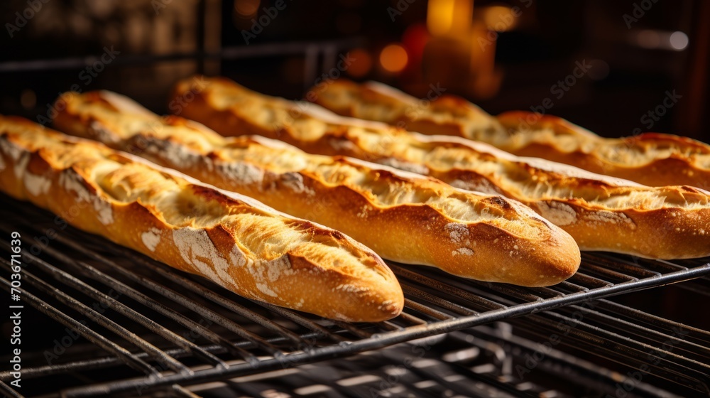 Poster generative ai baguettes cooling on a wire rack after being baked to golden perfection in a tradition