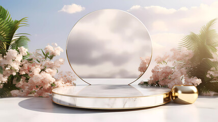 A minimalistic scene of marble white and gold podium display with natural bougainvillea flower - obrazy, fototapety, plakaty