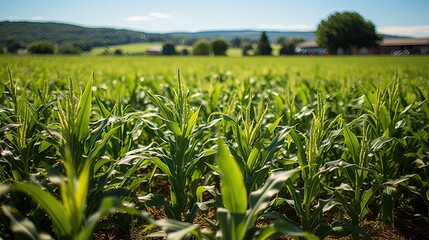 Obraz premium Large corn field, landscape agriculture, sky green field agricultural corn fields, Generative AI
