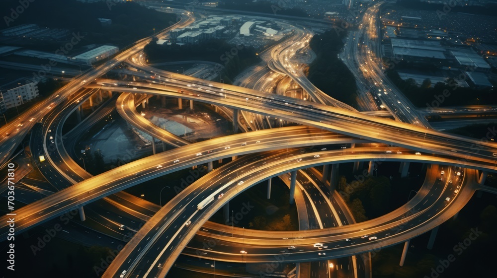 Poster Generative AI Bird's-eye views of an expressway interchange with directional ramps and overpasses, showcasing its functionality.