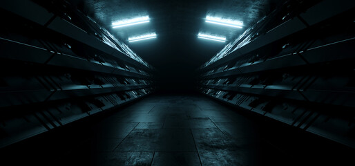 Sci Fi Modern Dark Cyberpunk Car Parking Corridor Showroom Tunnel Hangar Garage Metal Cement Concrete Blue Lights Studio 3D Rendering