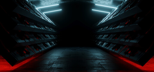 Sci Fi Modern Dark Cyberpunk Car Parking Corridor Showroom Tunnel Hangar Garage Metal Cement Concrete Red Blue Lights Studio 3D Rendering © IM_VISUALS