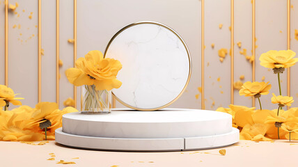 A minimalistic scene of white and gold podium display with natural marigold flower. Showcase for the presentation of natural products and cosmetics