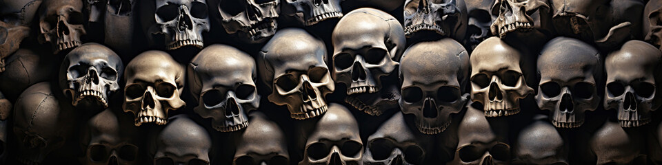 pile of death human skulls and bones of dead in ancient crypt grave burial. Skeletons in a dark scary catacombs dungeon - obrazy, fototapety, plakaty