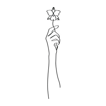 Female hand with beautiful flowers elegant line art drawing 