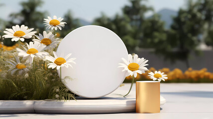 A minimalistic scene of marble podium display with natural daisy flower. Showcase for the presentation of natural products and cosmetics