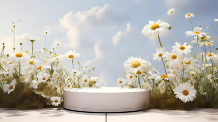 A minimalistic scene of marble podium display with natural daisy flower. Showcase for the presentation of natural products and cosmetics