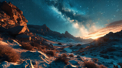 Panoramic view of the Martian night sky, starry sky, sunset. Science fiction, astronomy, space exploration, travel