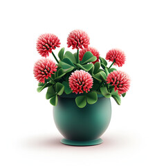 3D illustration of bright red and green clover in a pot isolated on white
: Holiday decor, greeting cards, spring themes, interior design