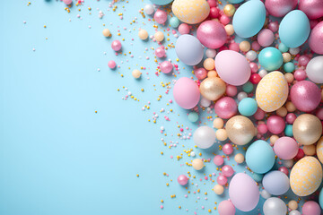 An abundance of Easter eggs with glitter and confetti on a bright blue background for holiday decor.