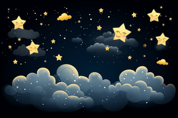 Night sky white clouds and yellow stars