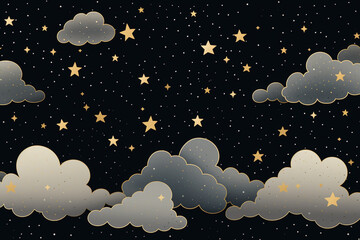 Night sky white clouds and yellow stars