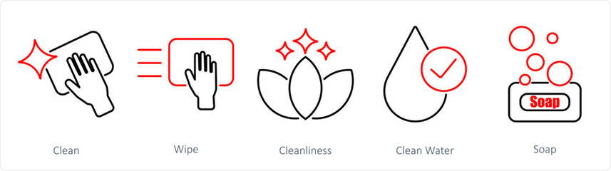 A set of 5 Hygiene icons as clean, wipe, cleanliness - obrazy, fototapety, plakaty