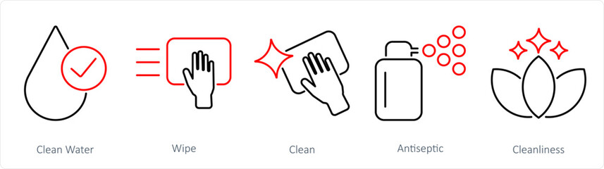 A set of 5 Hygiene icons as clean water, wipe, clean